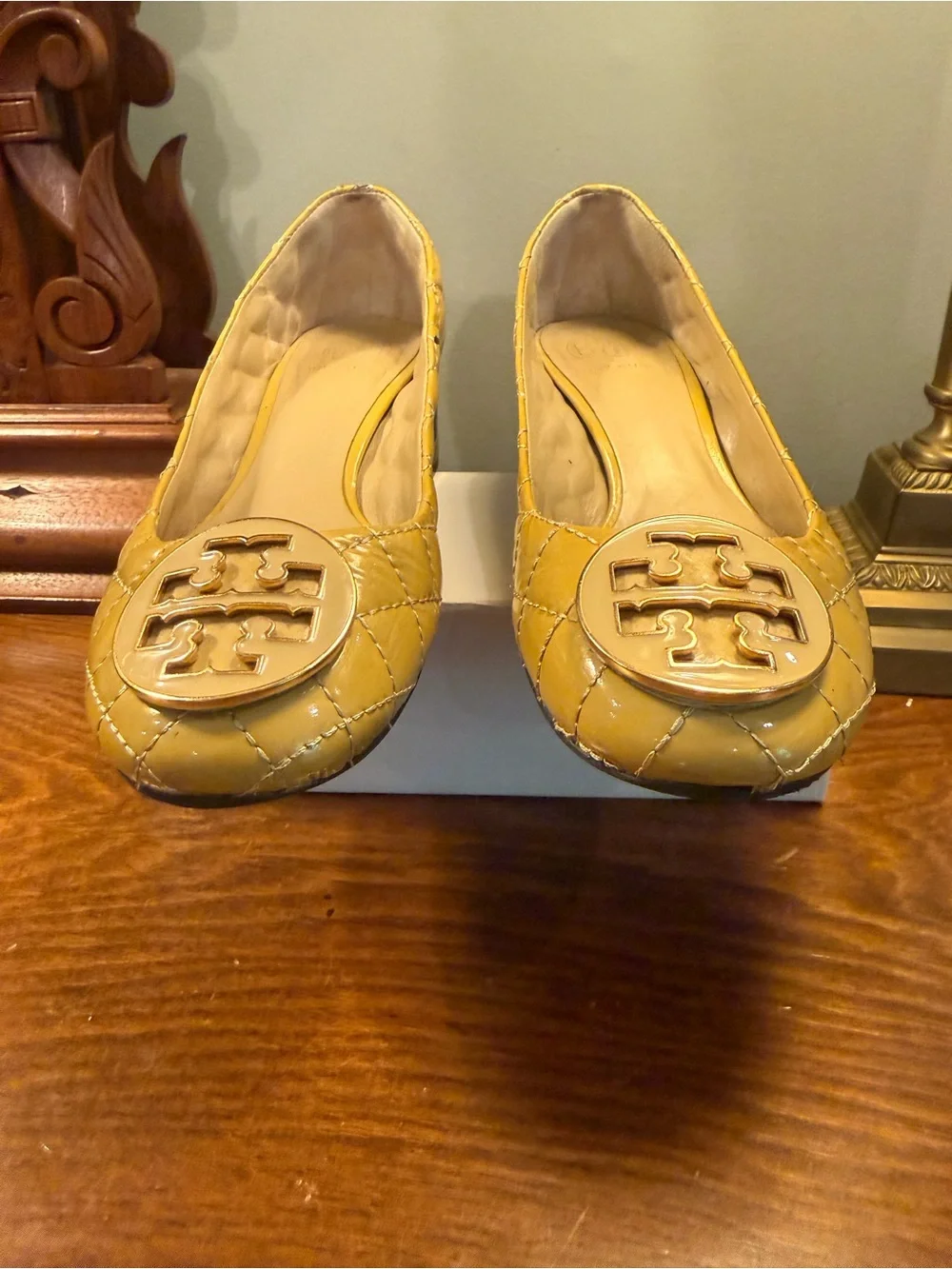 Tory Burch Quilted Patent Leather Block Heel Pumps in Mustard Yellow Size 6.5
